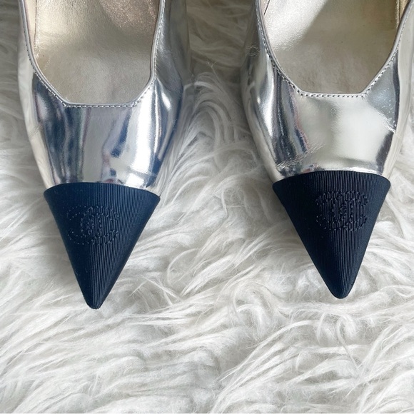 Chanel Interlocking CC Logo Metallic Mary Jane Wedge Pump Gold Black Pointed Toe - Picture 3 of 14